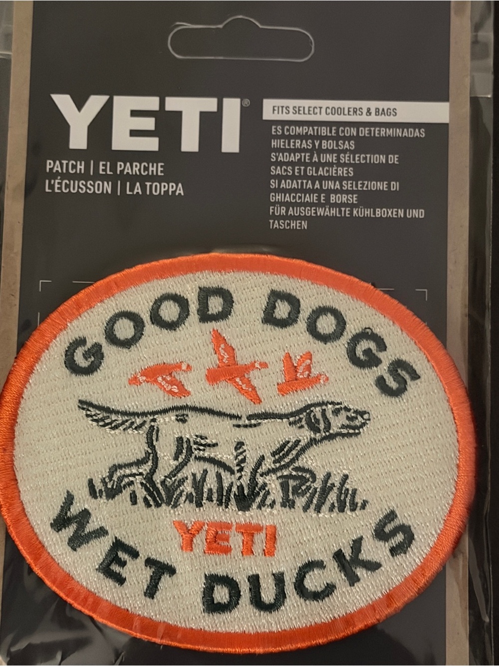 YETI Cream & Orange 'Good Dogs Wet Ducks' Embroidered Patch Hunting